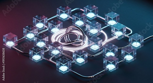 Blockchain network nodes with glowing glass cubes and metallic rings representing decentralized digital data security and encrypted cloud storage