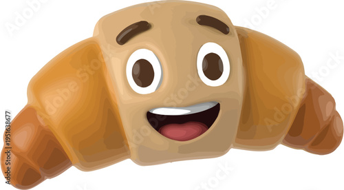 Happy cartoon croissant character with wide smile and big eyes.