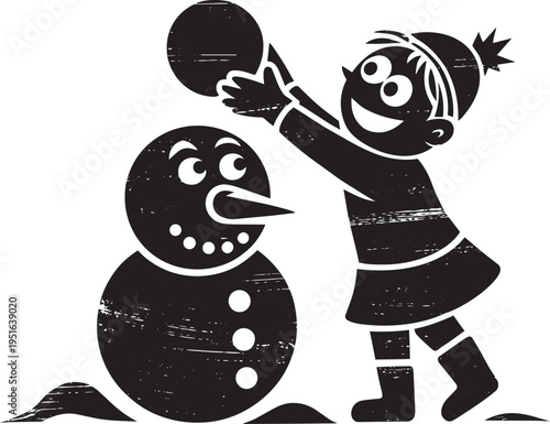 Little girl building snowman vector illustration, winter fun scene, happy child playing with snow, outdoor activity