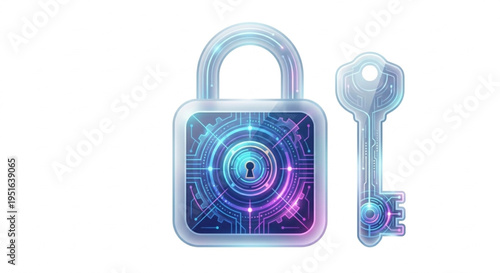 Futuristic digital shield and padlock for cyber security and data protection concept in glassmorphism