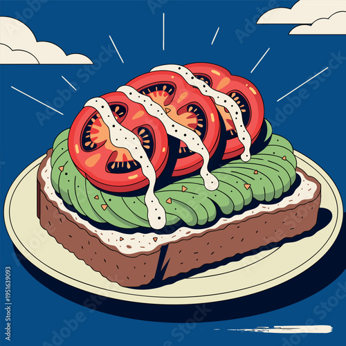  illustration of sliced avocado and fresh tomato on toasted bread, with leaves and herbs around, clean lines