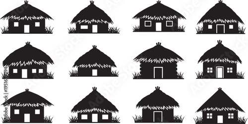 Collection of black silhouette hut icons