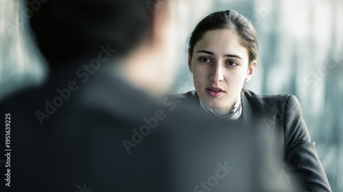 a female manager in her thirties is sitting at the table with a laptop and talking to two people, one of whom is sitting in a wheelchair. the scene is set in a modern office space. 