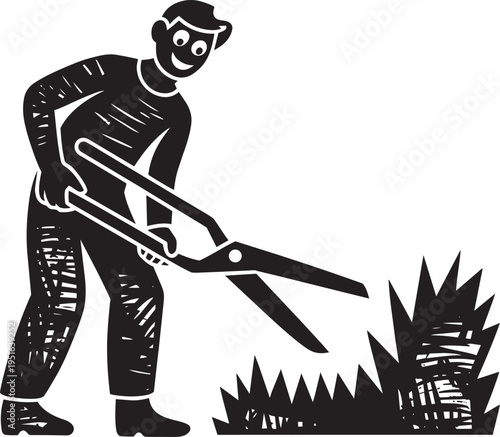 Man mowing lawn with scissors, gardening, landscaping, outdoor chore, backyard maintenance, healthy plants