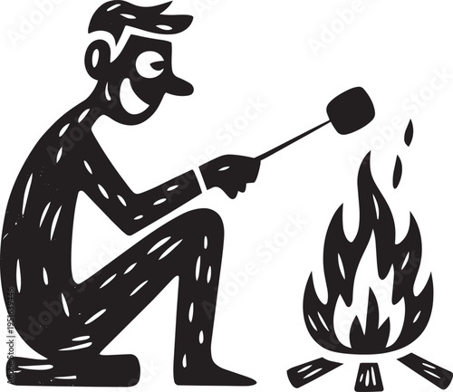 Man roasting marshmallow on stick over campfire outdoors illustration in black and white silhouette linocut woodcut art style