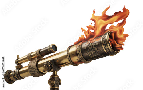 A decorative, vintage telescope on a stand, with flames erupting from the lens. illustration of discovery, exploration, or knowledge a fiery, intense effect