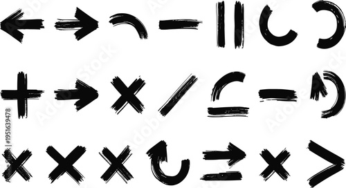 Collection of Black Brush Stroke Arrows Symbols and Mathematical Signs on White Background