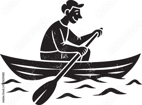 Man rowing boat on water, woodcut style illustration of person enjoying peaceful lake or river activity