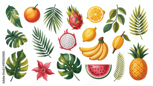 Vibrant tropical fruit icons and leaves arranged in a grid pattern
