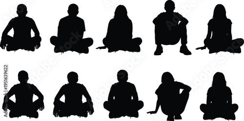 Cuadro en lienzo Large set of children and people sitting on floor silhouettes in various poses isolated on white background for vector design