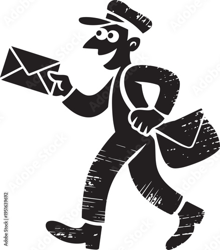 Postman delivering mail with bag and letter, walking, uniform, profession, postal service, cheerful, happy, courier, delivery person, service, occupation