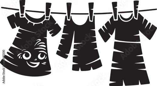 Three summer dresses hanging on clothesline with pins black silhouette vector art with decorative patterns and vintage texture
