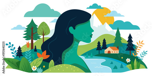 Woman Silhouette with Nature Landscape Inside.
