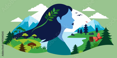 Woman Silhouette with Nature Landscape Inside.

