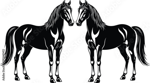 Foto Two elegant black and white horse silhouettes facing each other isolated on white background for equestrian sport or farm logo