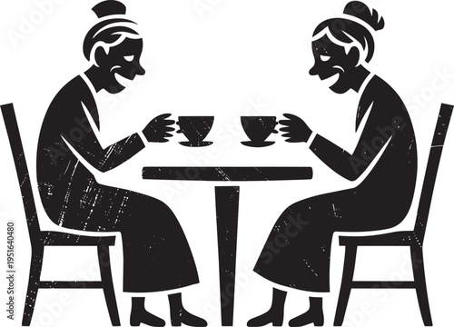 Two senior women sitting at table drinking tea and talking illustration in black and white textured woodcut linocut art style