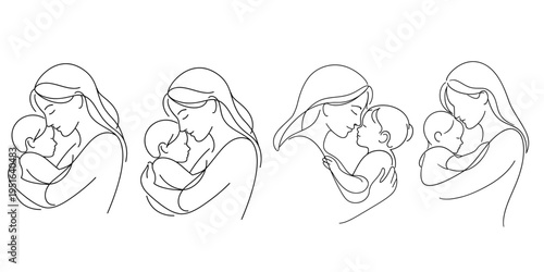 Minimalist mother and child line art, continuous single line drawing, emotional family illustration