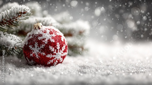 A festive, close-up shot of a Christmas ornament on pine branches with snow in the background, conveying holiday cheer