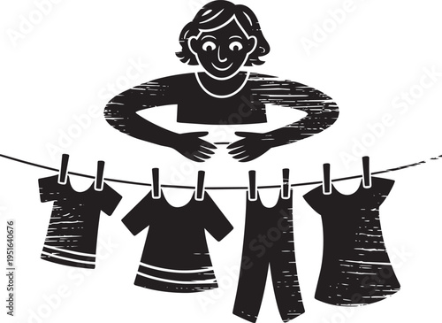 Woman hanging laundry on clothesline outdoors black silhouette vector illustration featuring distressed stamp texture finish
