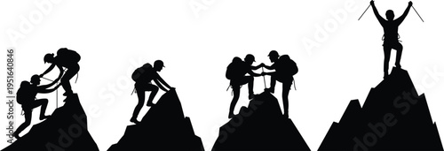Silhouette of mountain climbers helping each other reach summit, symbolizing teamwork, leadership, support, partnership, and success in challenging outdoor adventure and goal achievement