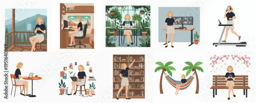 Flat Illustration of Diverse Freelance Lifestyle with Remote Work and Relaxation
