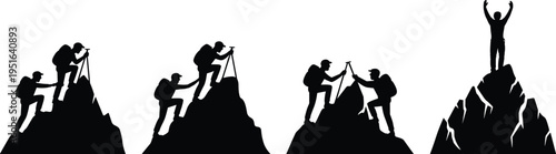 Silhouette of mountain climbers helping each other reach summit, teamwork success concept, leadership, partnership, achievement, hiking adventure, support and motivation in challenging outdoor