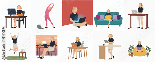 Flat Style Detailed Woman Working at Home Lifestyle Illustration Set