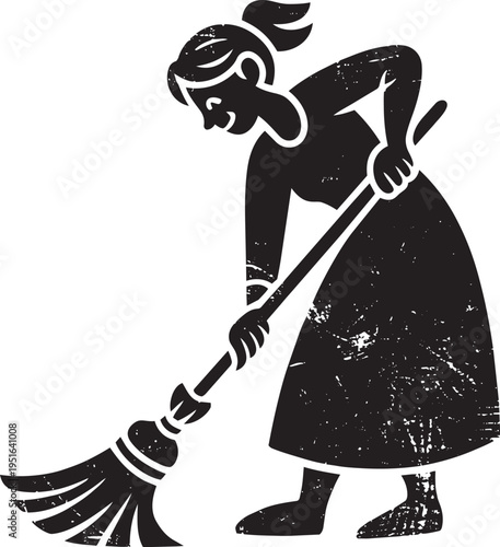 Woman sweeping floor, performing household chore, cleaning, domestic work, diligent housekeeper, responsible, tidying up home environment