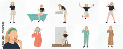 Minimalist Flat Woman Brushing Teeth Various Activity in Daily Routine Illustration