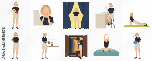 Flat Illustration Woman Daily Routine Activities And Hobbies Collection