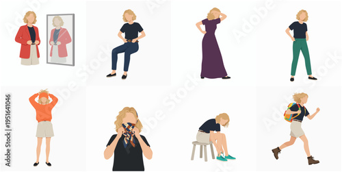 Flat Style Different Poses Female Characters Lifestyle Illustration Set