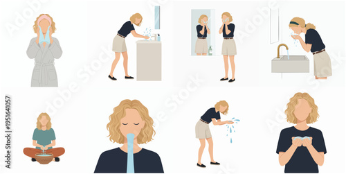 Flat Illustration Woman Morning Daily Routine Activity at Home