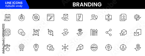Branding icon set. Containing marketing, product, brand value, design, logo, brand development, social media, advertising and loyal customers icons