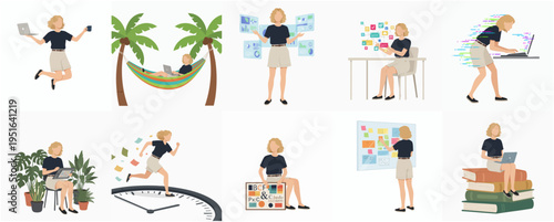 Flat Illustration Set of Freelancer Woman Working in Different Situations