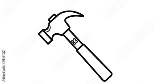 A detailed black and white illustration of a claw hammer, a common hand tool.