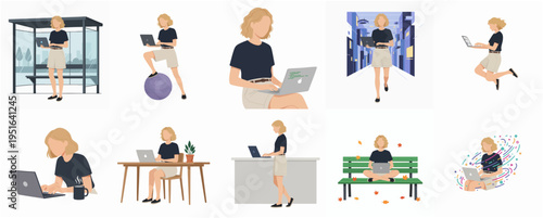 Minimalist Woman Using Laptop in Different Places Illustration Set