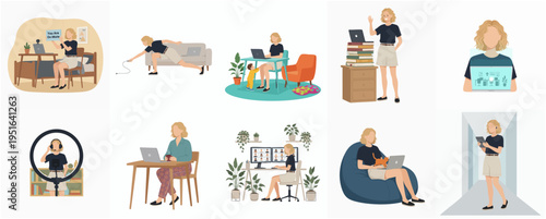 Flat Style Diverse Woman Working From Home Illustration Set
