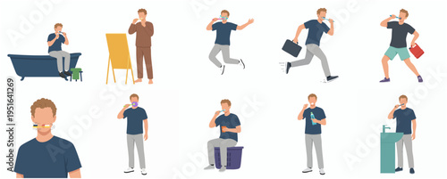 Flat Illustration Set Man Brushing Teeth Different Daily Activity Routine Pose