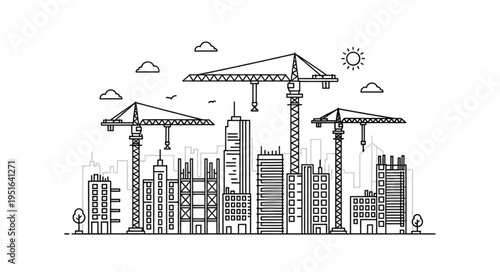 Illustration of a city skyline under construction with cranes, buildings, and a sunny sky.