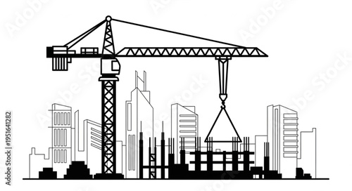 Construction crane lifting building materials over a city skyline, representing urban development.