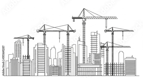Line drawing of a cityscape with multiple construction cranes, buildings, and structures.