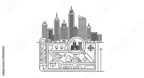 Illustration depicting a city skyline with a magnifying glass focused on a map, representing urban planning and exploration.