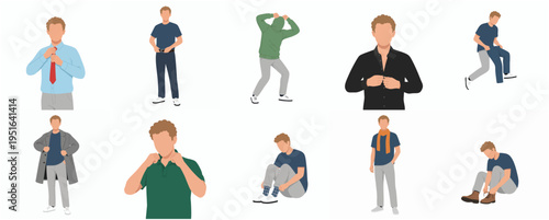 Flat Style Diverse Man Character in Different Poses and Activities Illustration