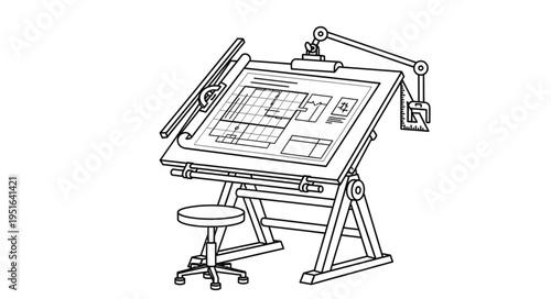 An illustration of a drafting table with a blueprint and a stool.
