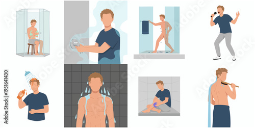Flat Style Illustrated Man Daily Activities at Home Routine Lifestyle Illustration Set