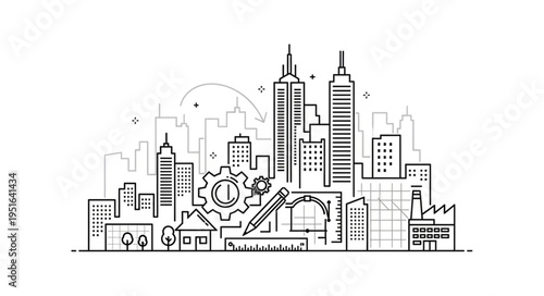 An illustration depicting urban planning, architecture, and construction elements with a cityscape.