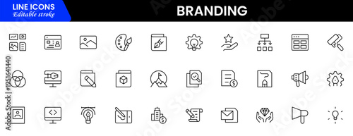 Branding icon set. Containing marketing, product, brand value, design, logo, brand development, social media, advertising and loyal customers icons