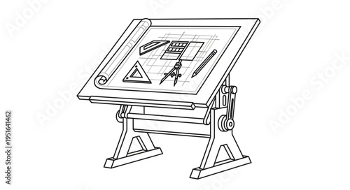 An illustration of a drafting table with blueprints and various drawing tools.