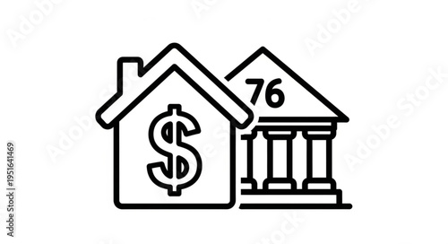 An illustration depicting a house with a dollar sign and a bank building, representing finance.