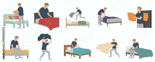 Flat Illustration Set of Man Making Bed Various Styles Process